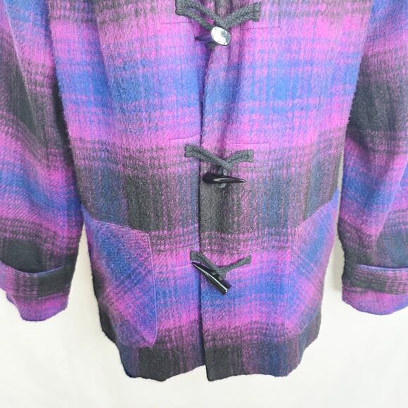Coldwater Creek Purple & Black Plaid Toggle Button Wool Blend  Jacket Size 14 - Picture 6 of 16
